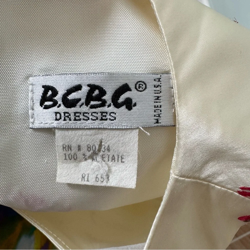 BCBG Ivory White Sheath Midi Dress Red & Pink Flower Embroidery Sleeveless Sz 4
